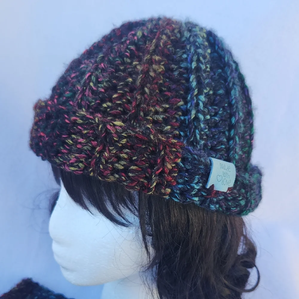 Handmade Chunky Crochet Messy Bun or Ponytail Beanie with Fingerless Mitts
